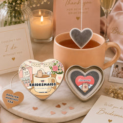 Bridesmaids Heart Shaped Tin with heart shaped tea bag over mug