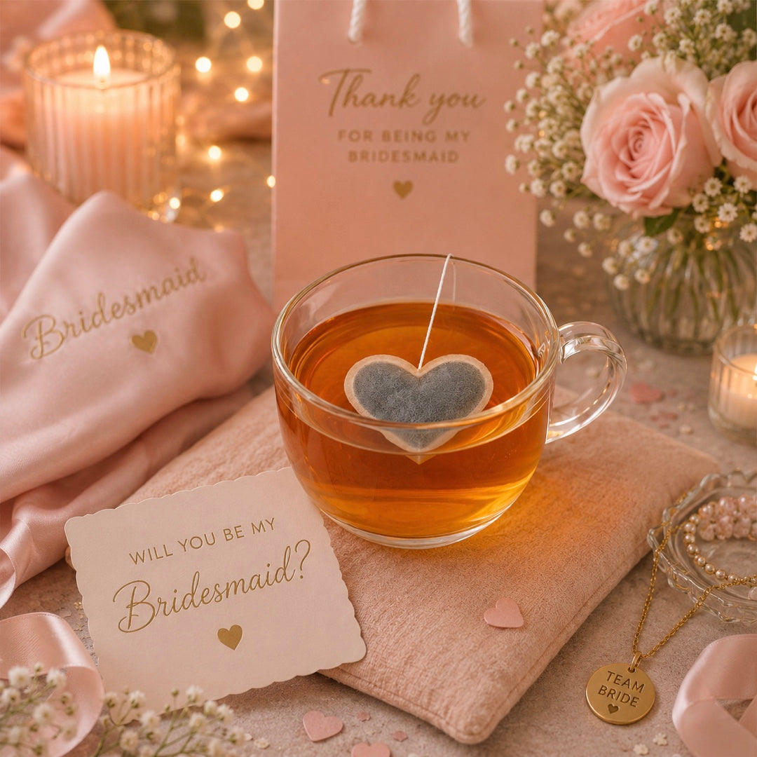Heart shaped tea insidea mug with a tag that says 'Will you be a my bridesmaid'