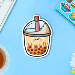 Brown sugar milk tea vinyl sticker on blue table