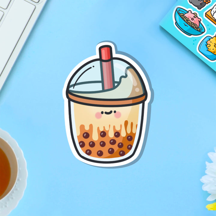 Brown sugar milk tea vinyl sticker on blue table