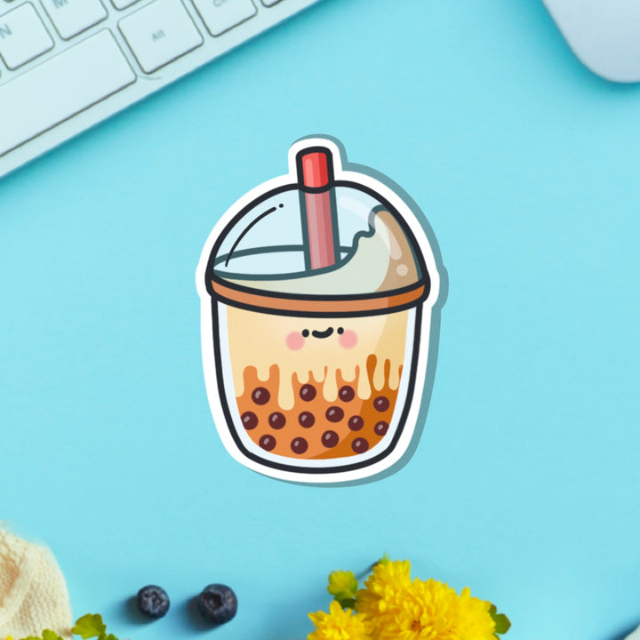 Brown sugar milk tea vinyl sticker on green table