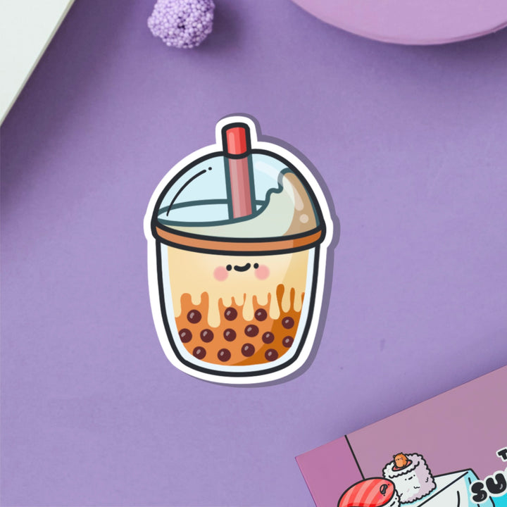 Brown sugar milk tea vinyl sticker on purple table