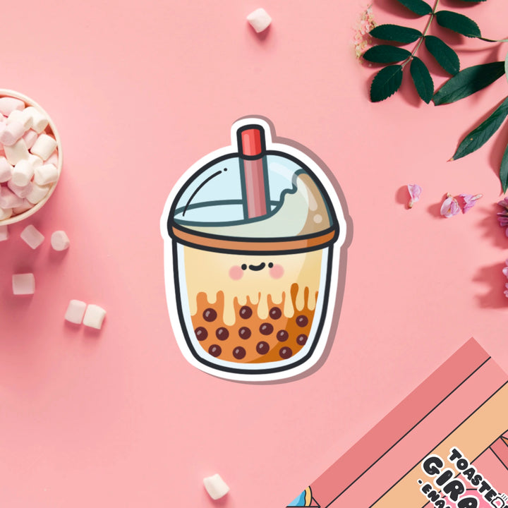 Brown sugar milk tea vinyl sticker on pink table