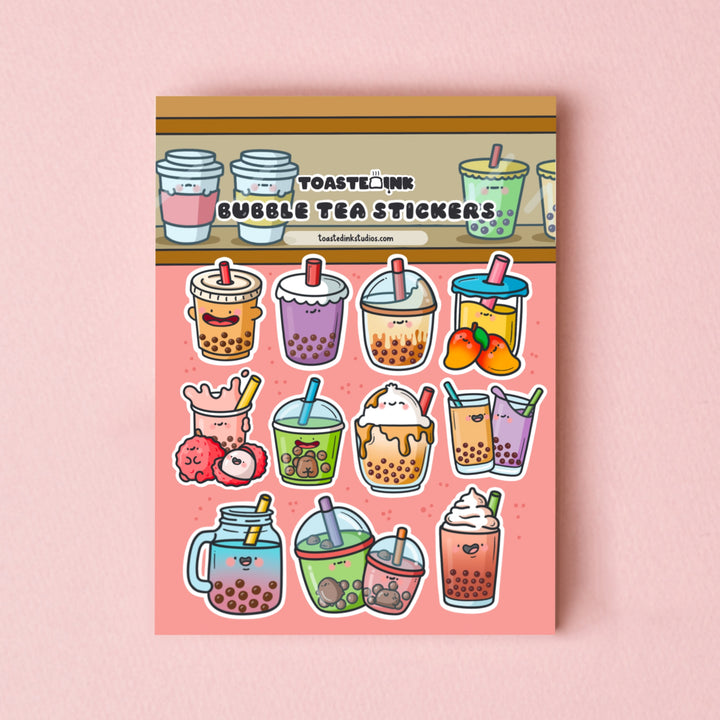 Bubble tea stickers on pink table