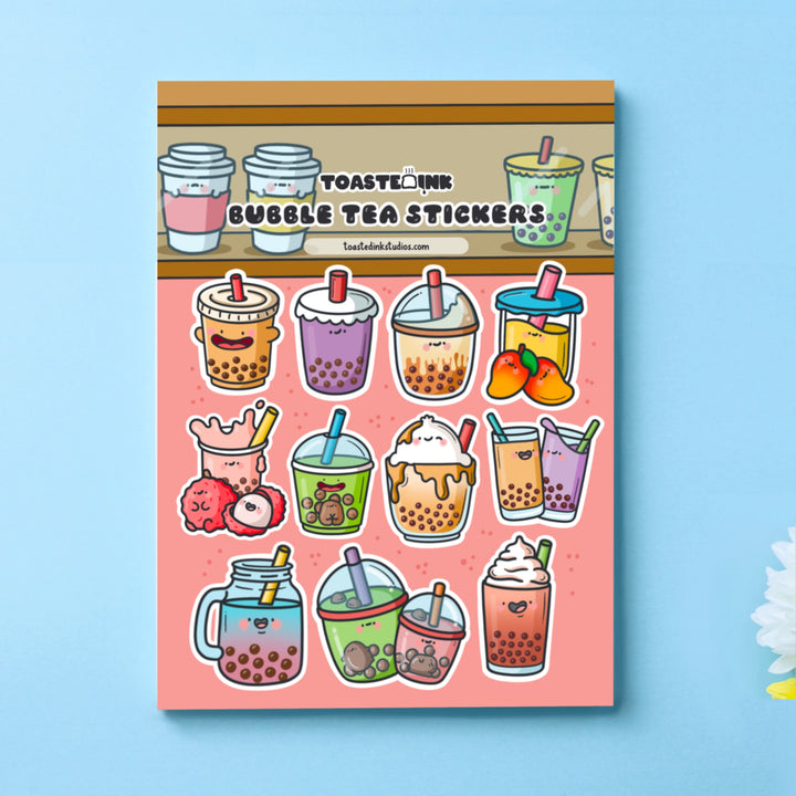 Bubble tea stickers on blue background