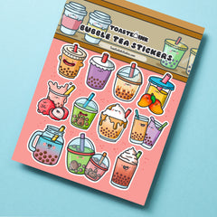 Bubble tea stickers on blue table