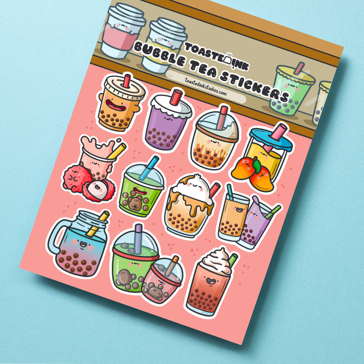 Bubble tea stickers on blue table