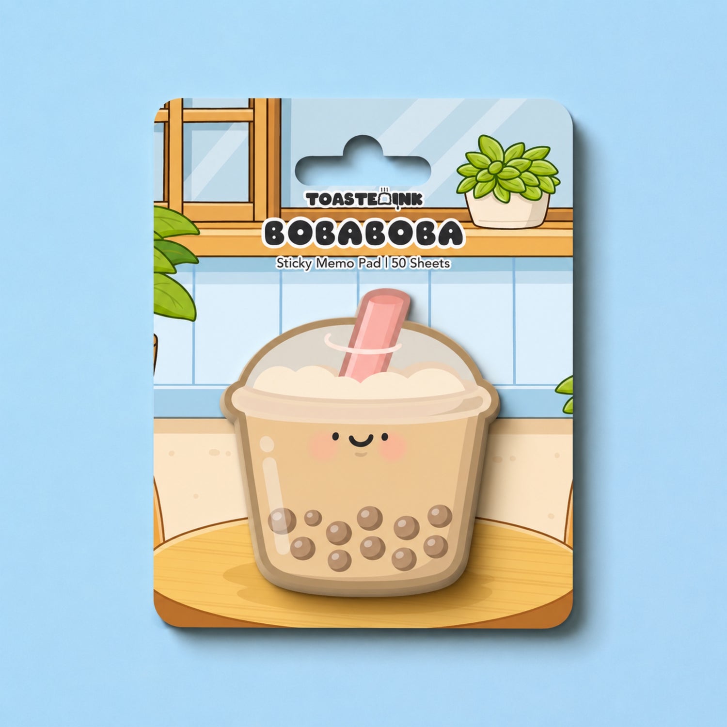 Bubble tea shaped sticky notes on coffee table backing card
