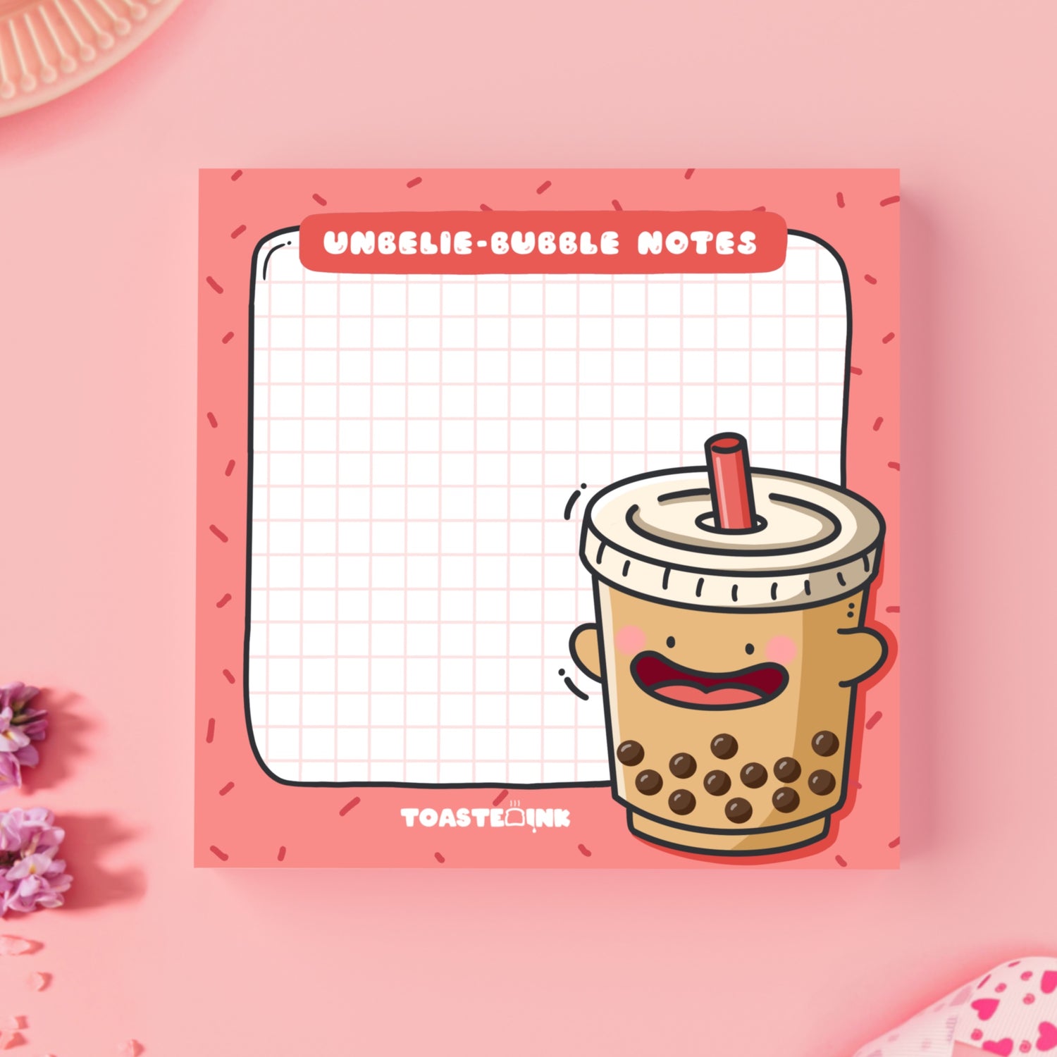 Bubble tea sticky notes on pink desk