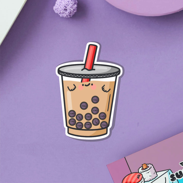 Bubble tea vinyl sticker on purple table