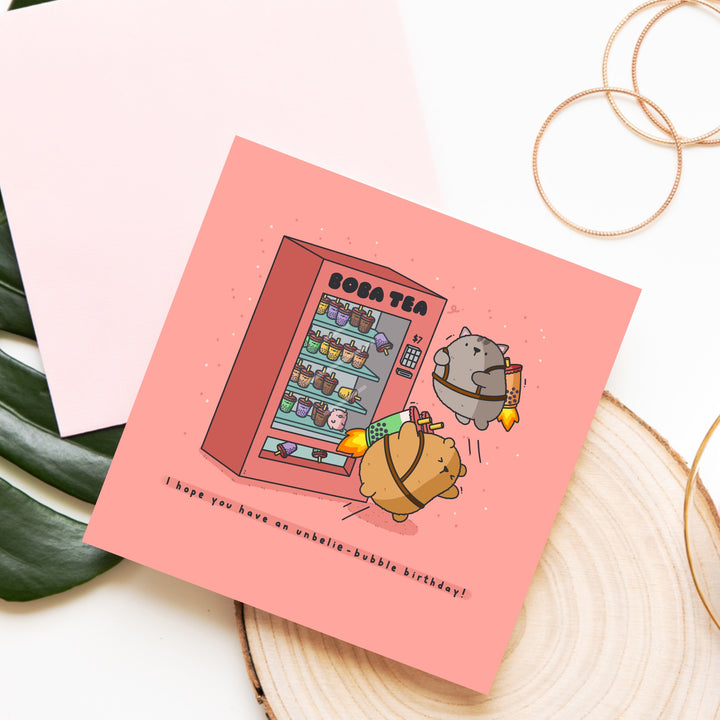 Bubble tea card on wooden block and table