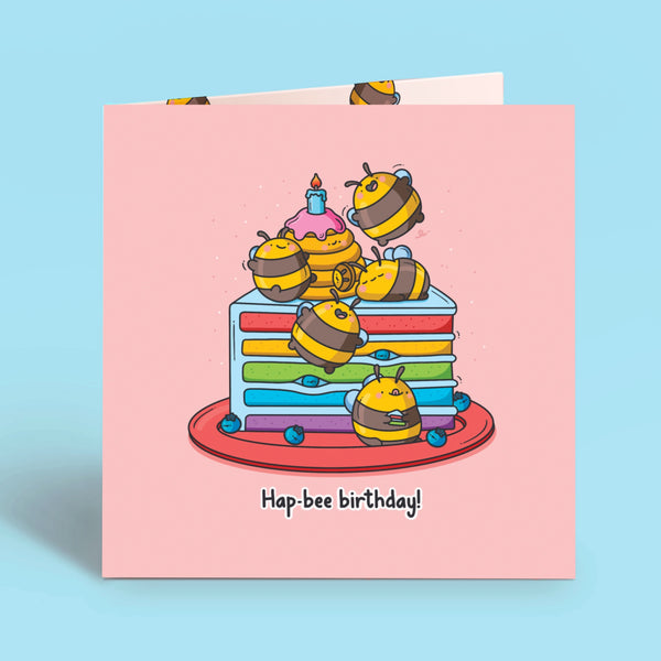 Bee birthday card on blue table