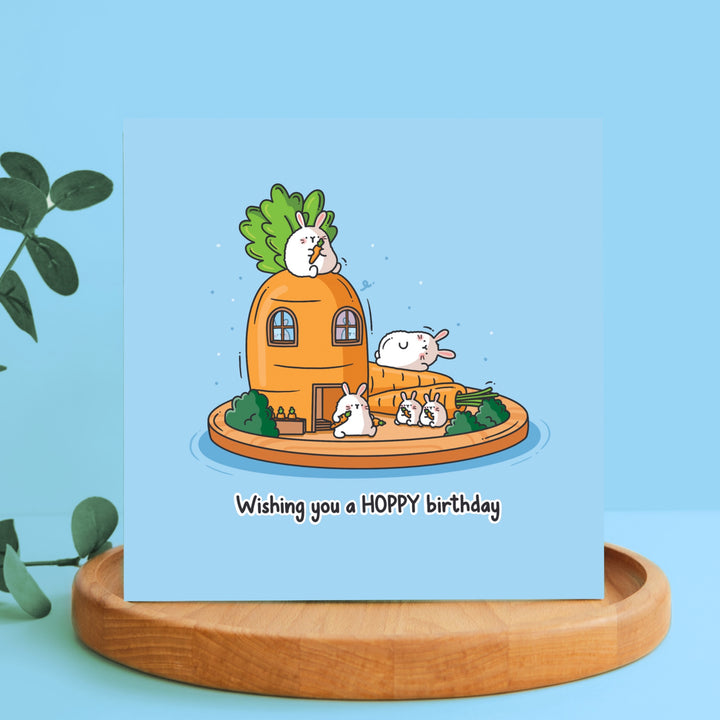 Bunny birthday card on wooden plate