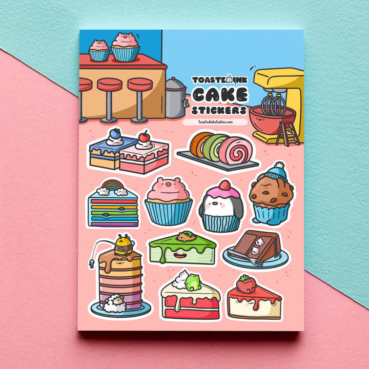 Cake sticker sheet on pink and green table