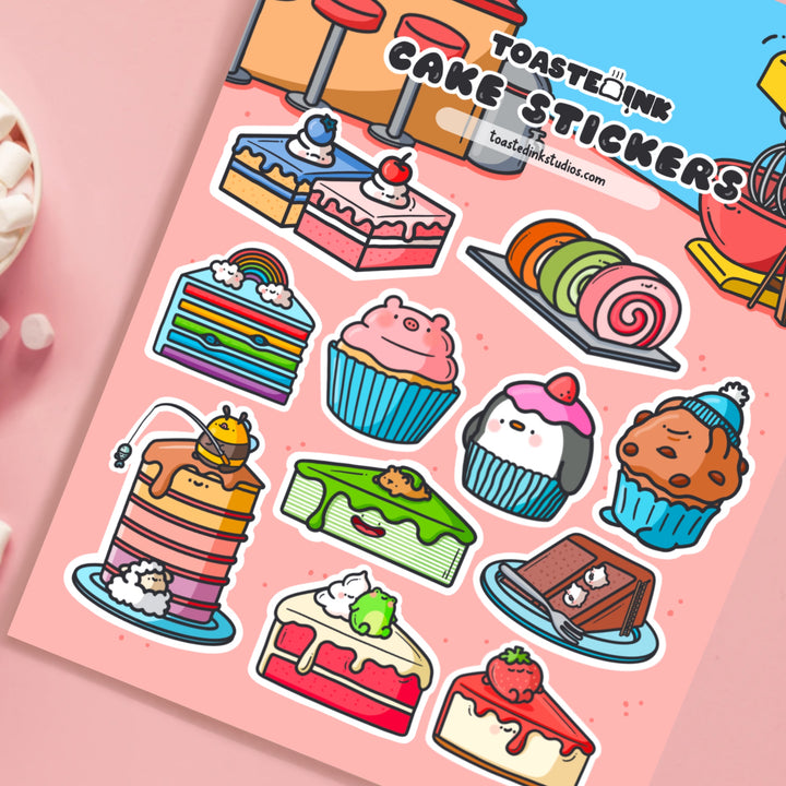 Cake sticker sheet close up on pink table