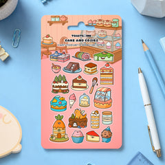 Cake sticker sheet with whimsical cake designs scattered with stationery