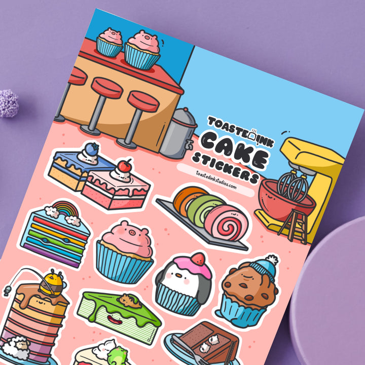 Cake sticker sheet on purple table