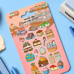 Cake sticker sheet with stationery pieces scattered around