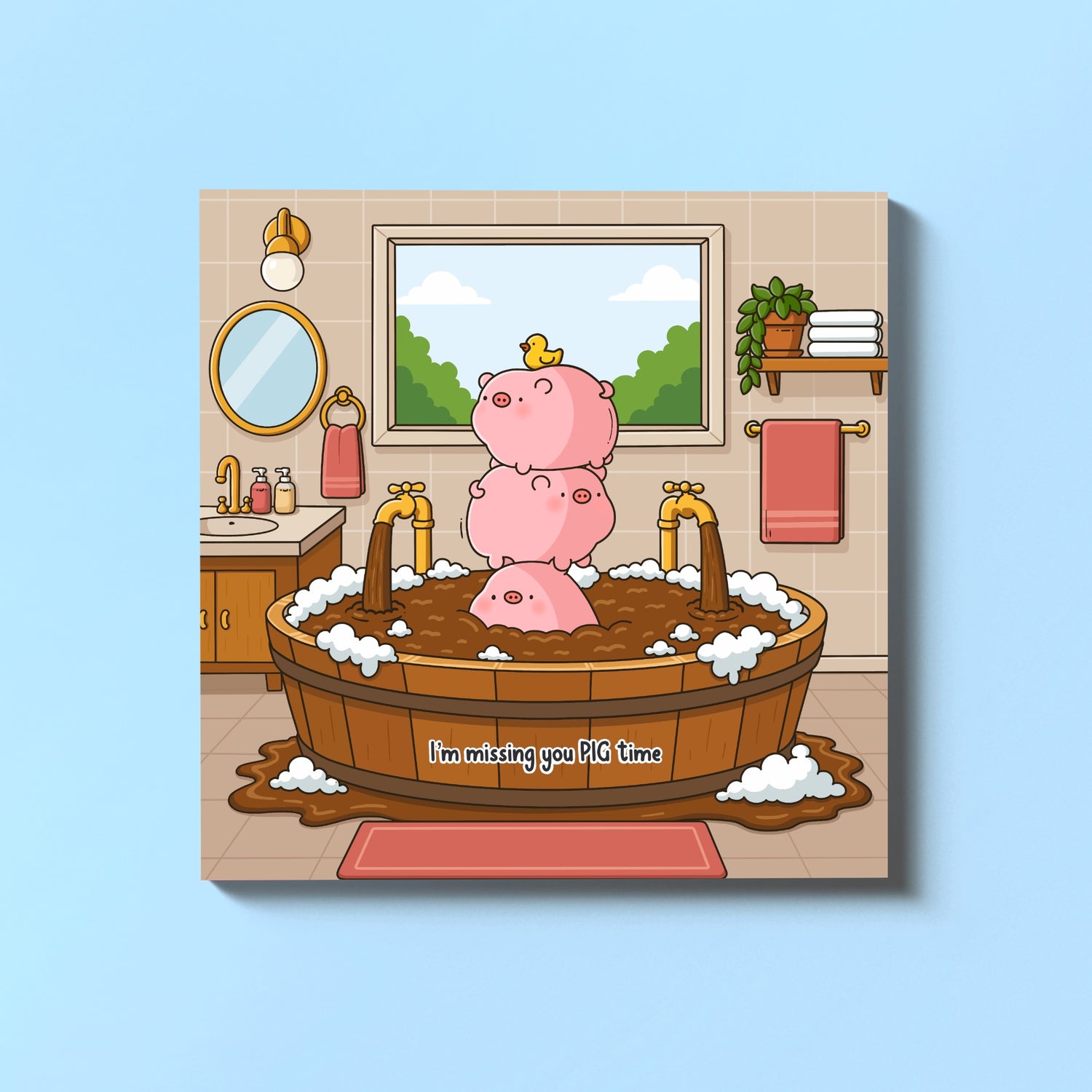 Pig stacked in a bathtub greetings card 