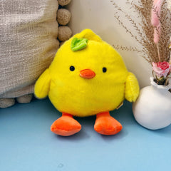 Chick plush with flowers on blue table