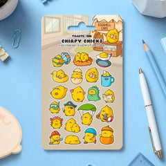Chick Sticker sheet with stationery scattered around on blue desk