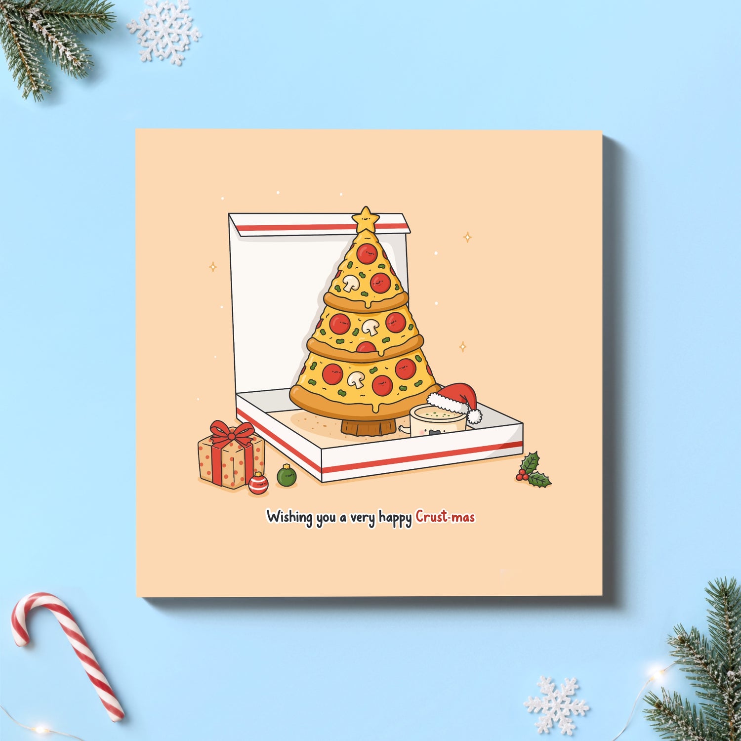 Pizza Christmas tree Card on festive blue background
