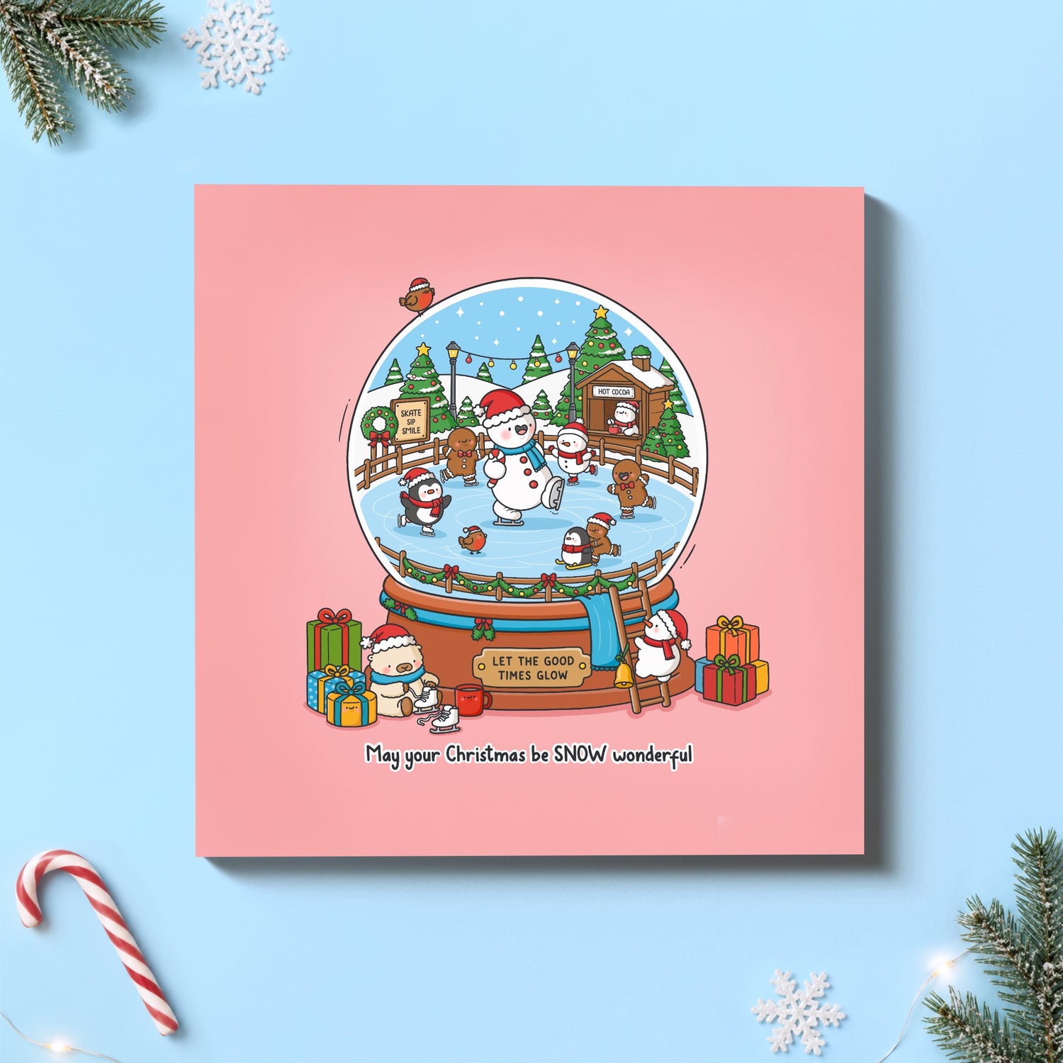 Christmas Snowglobe card on blue festive background