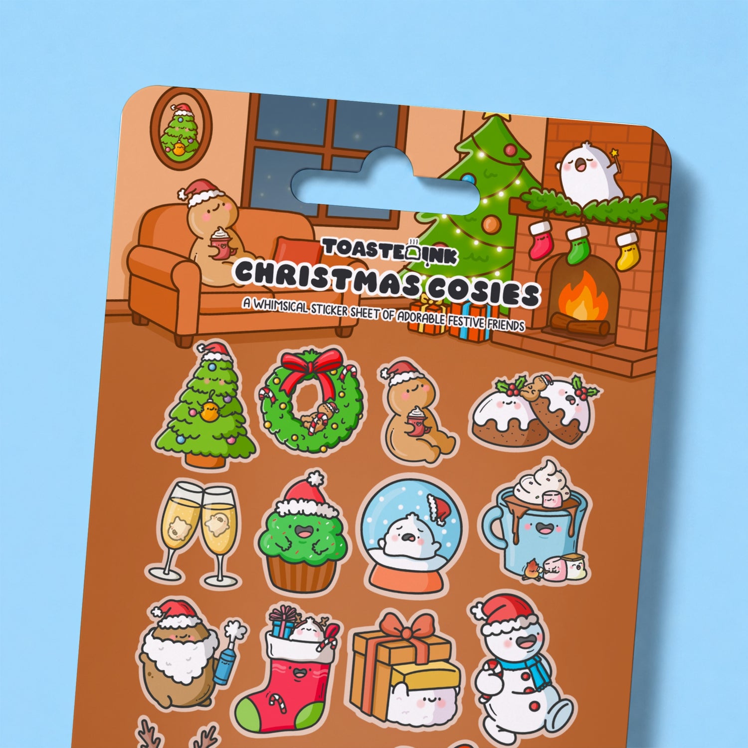 Close up of Christmas sticker sheet with whimsical illustrations
