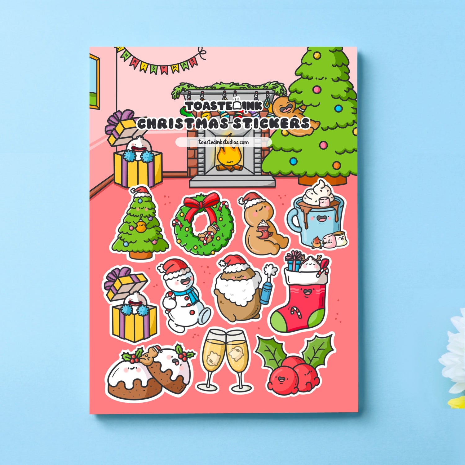 Christmas sticker sheet on blue table