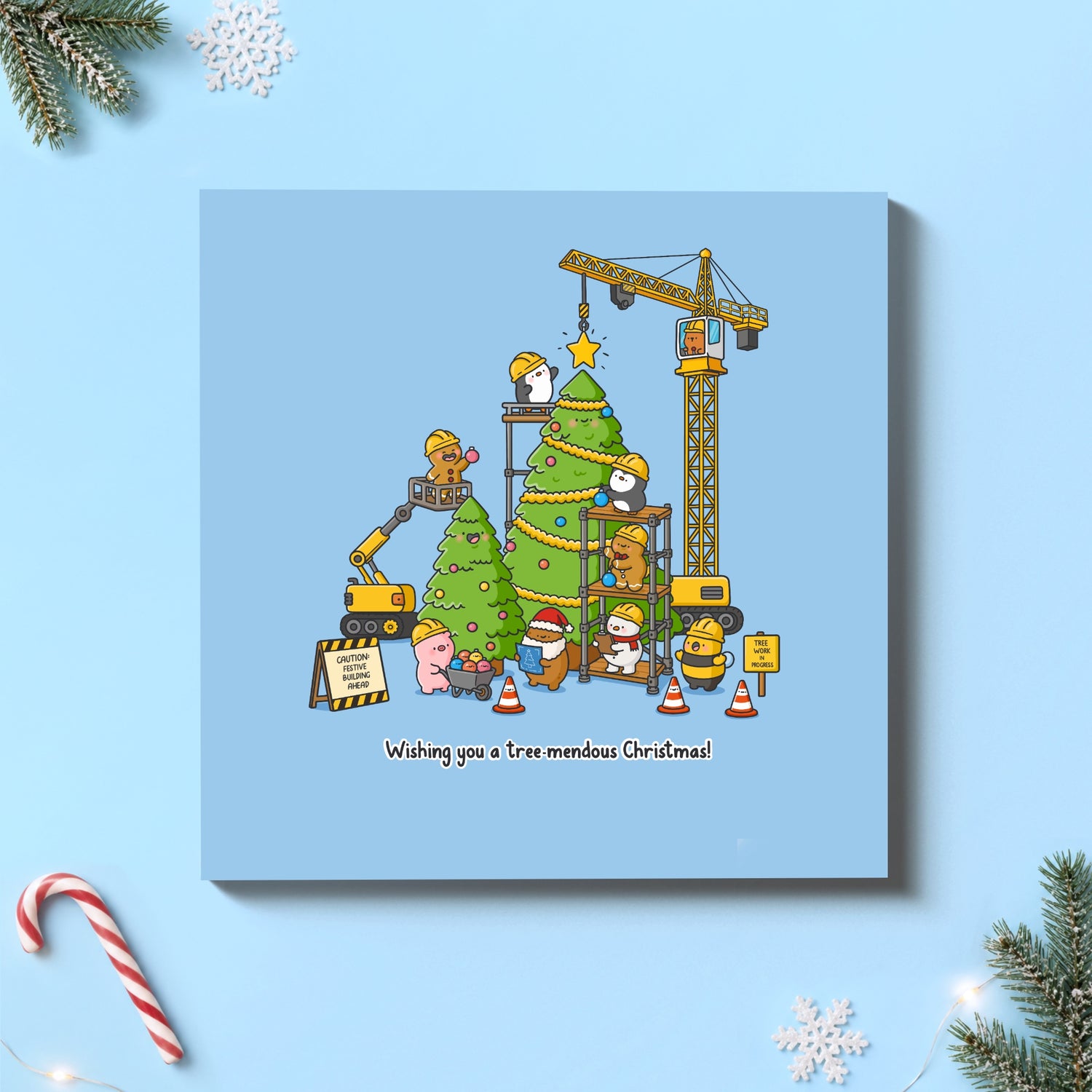 Christmas tree construction Christmas card on blue background