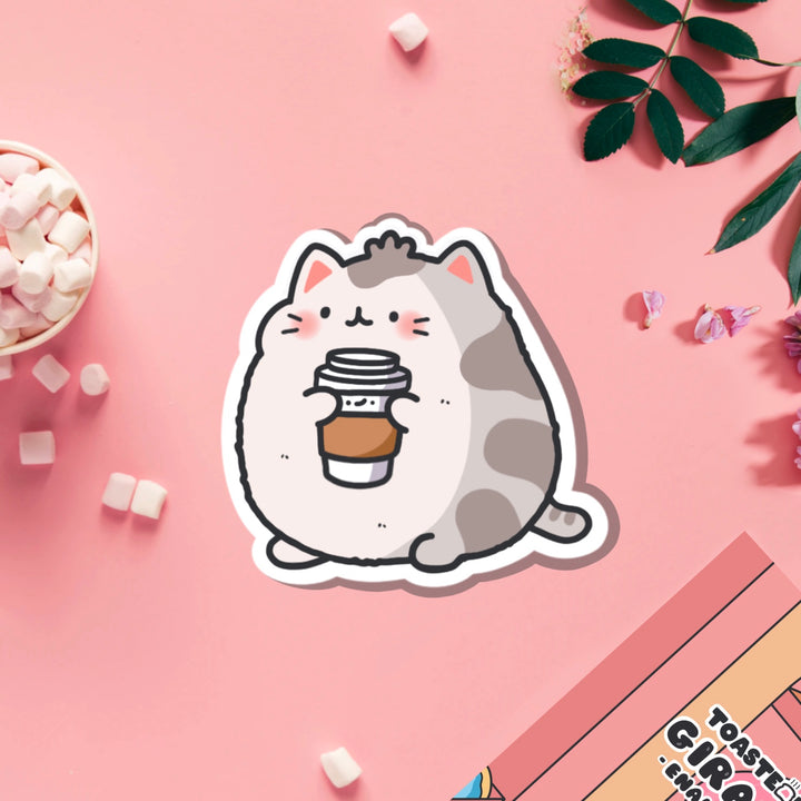 Coffee cat vinyl sticker on pink table