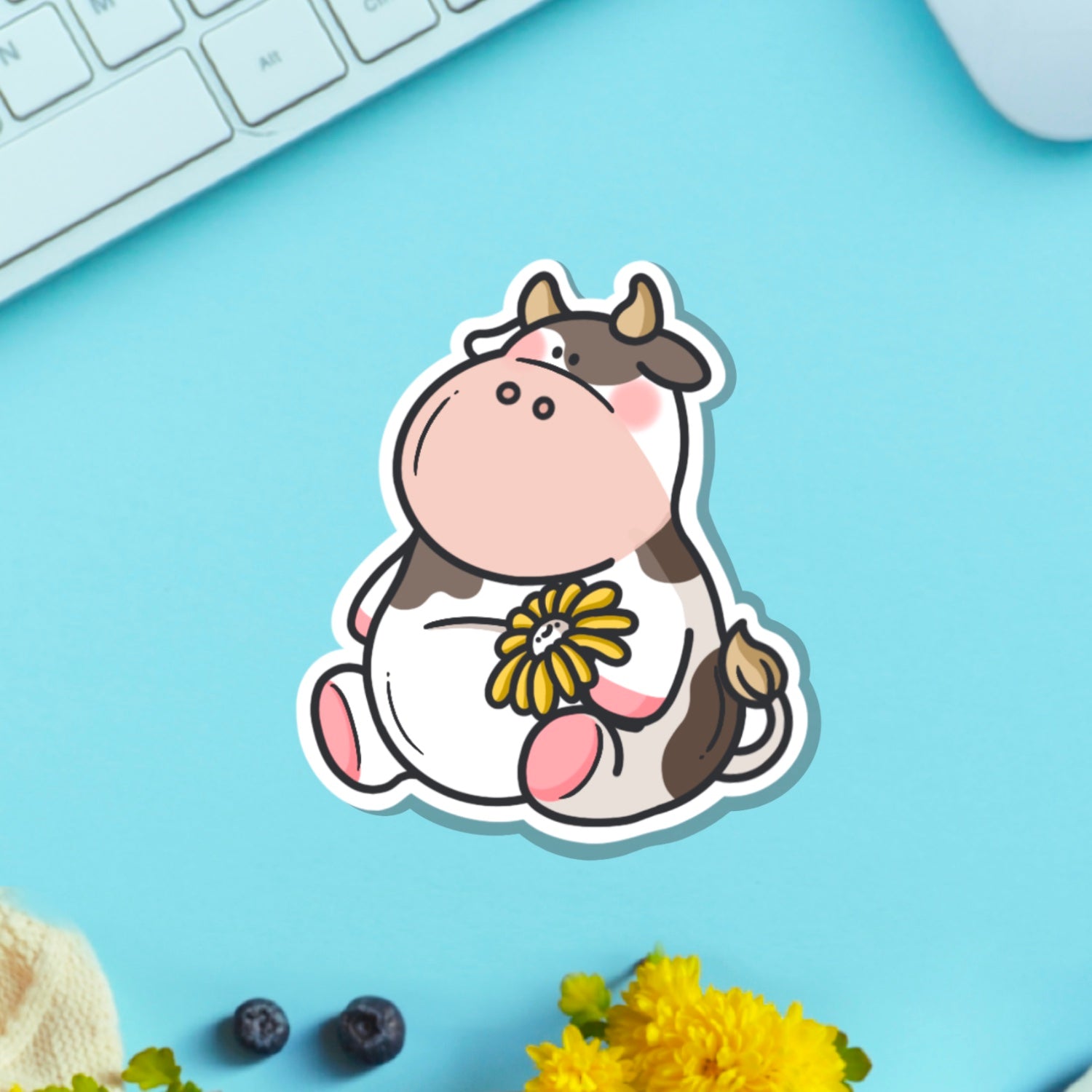 Cow vinyl sticker on blue table with keyboard