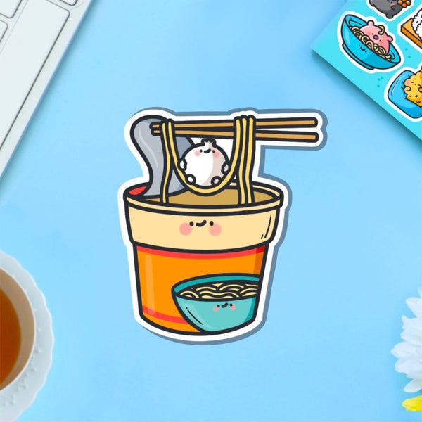 Cup Noodles vinyl sticker on blue table