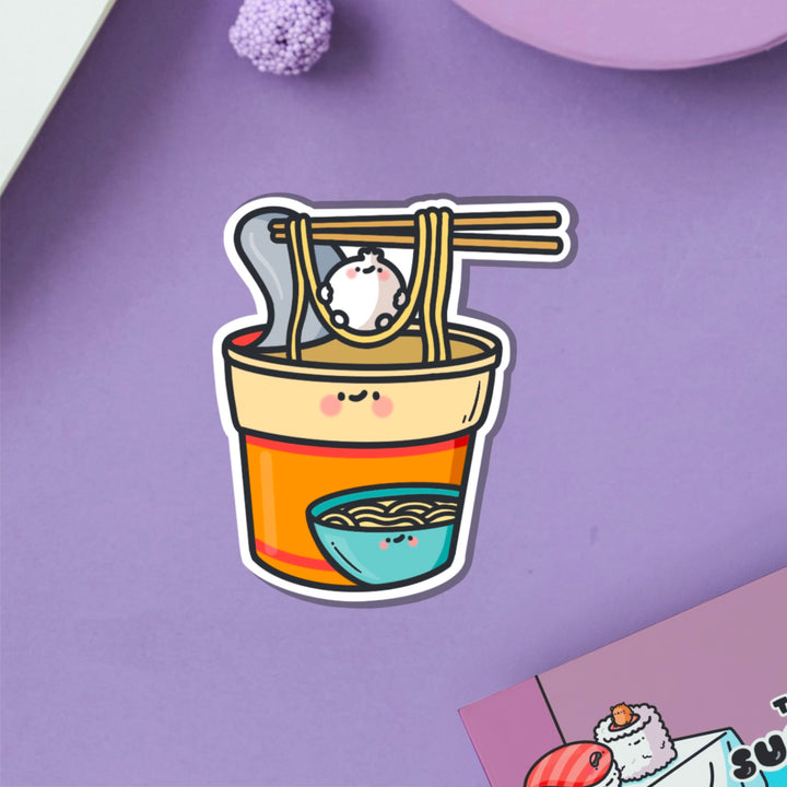 Cup Noodles vinyl sticker on purple table