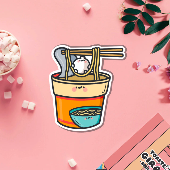 Cup Noodles vinyl sticker on pink table