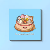 Dim sum campfire birthday card on blue table