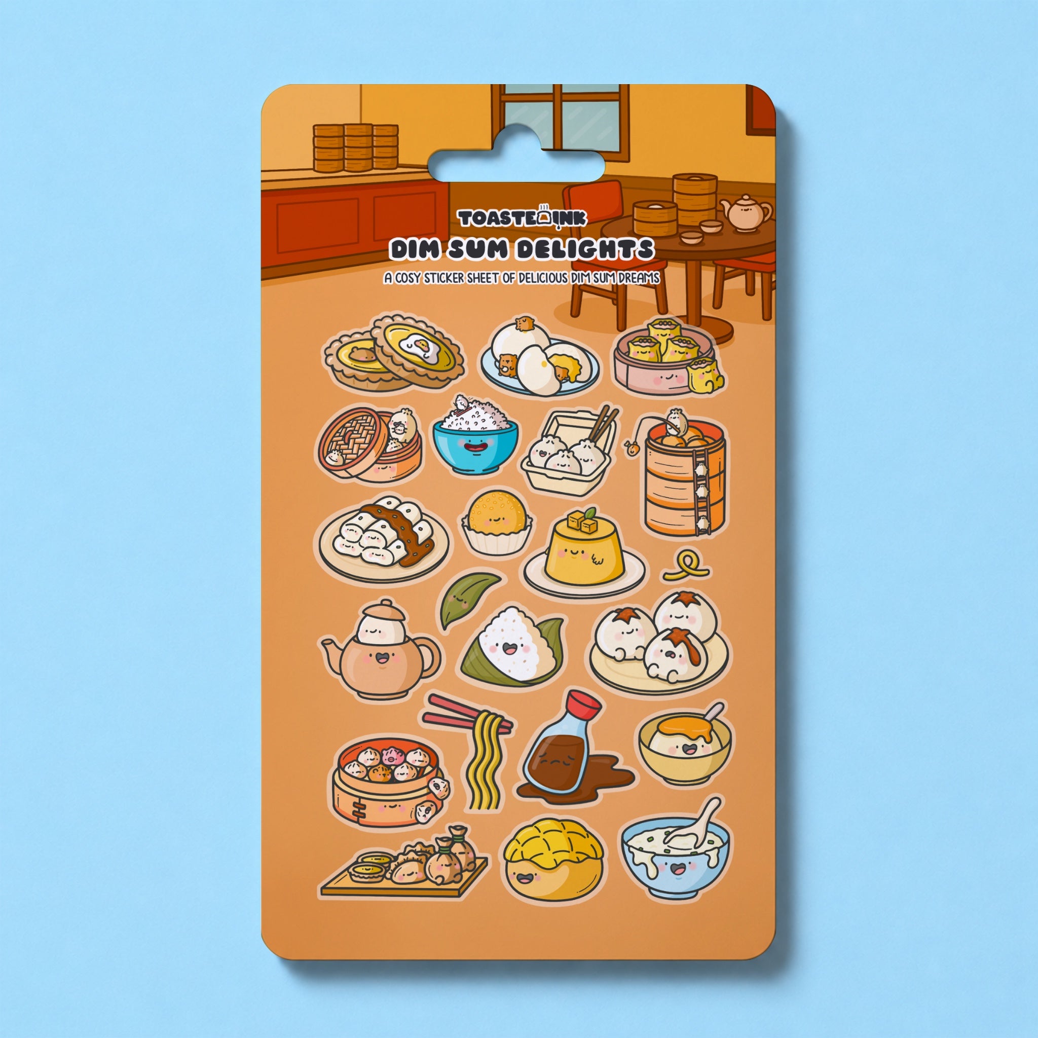 Dim sum sticker sheet featuring dim sum illustrations on blue desk