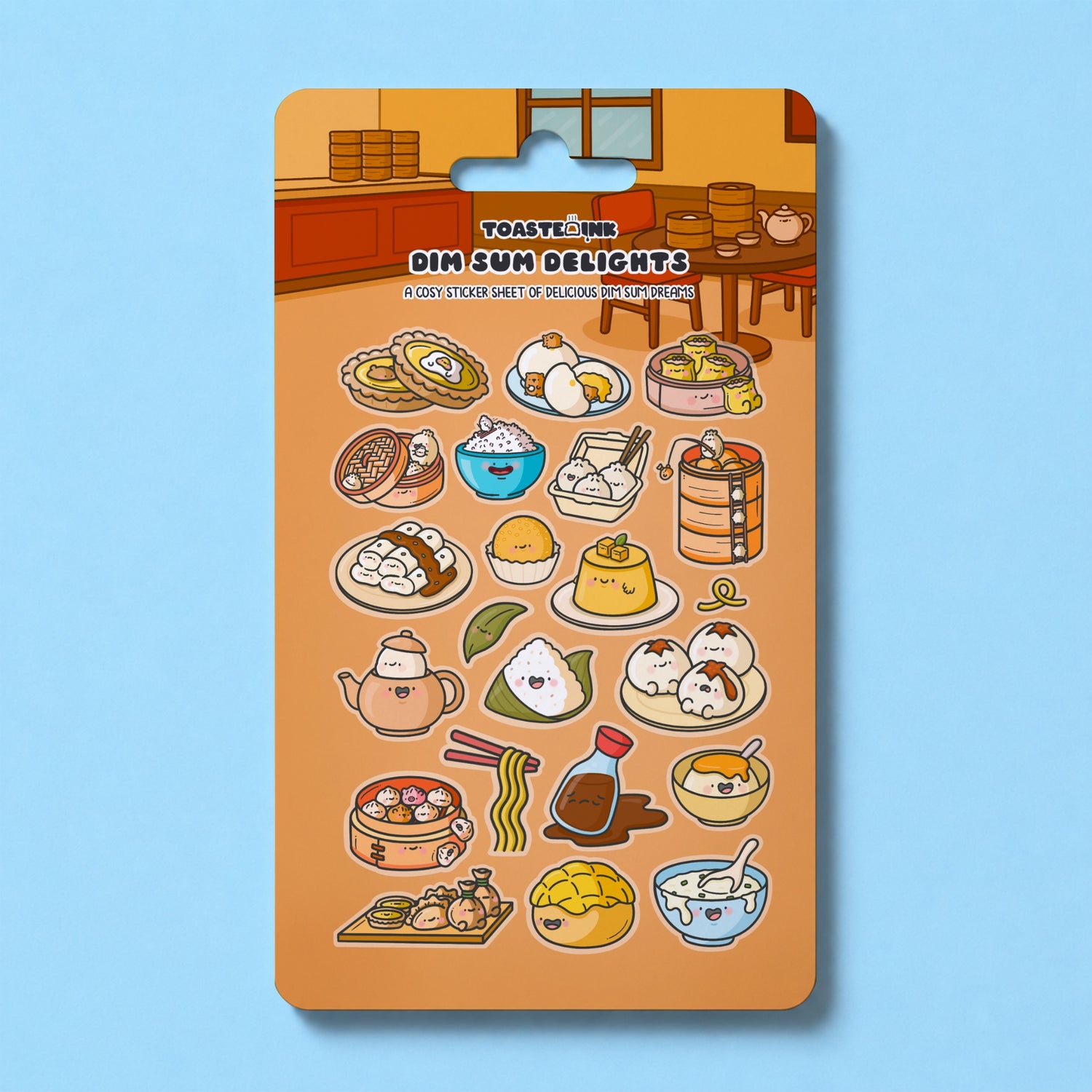 Dim sum sticker sheet featuring dim sum illustrations on blue desk