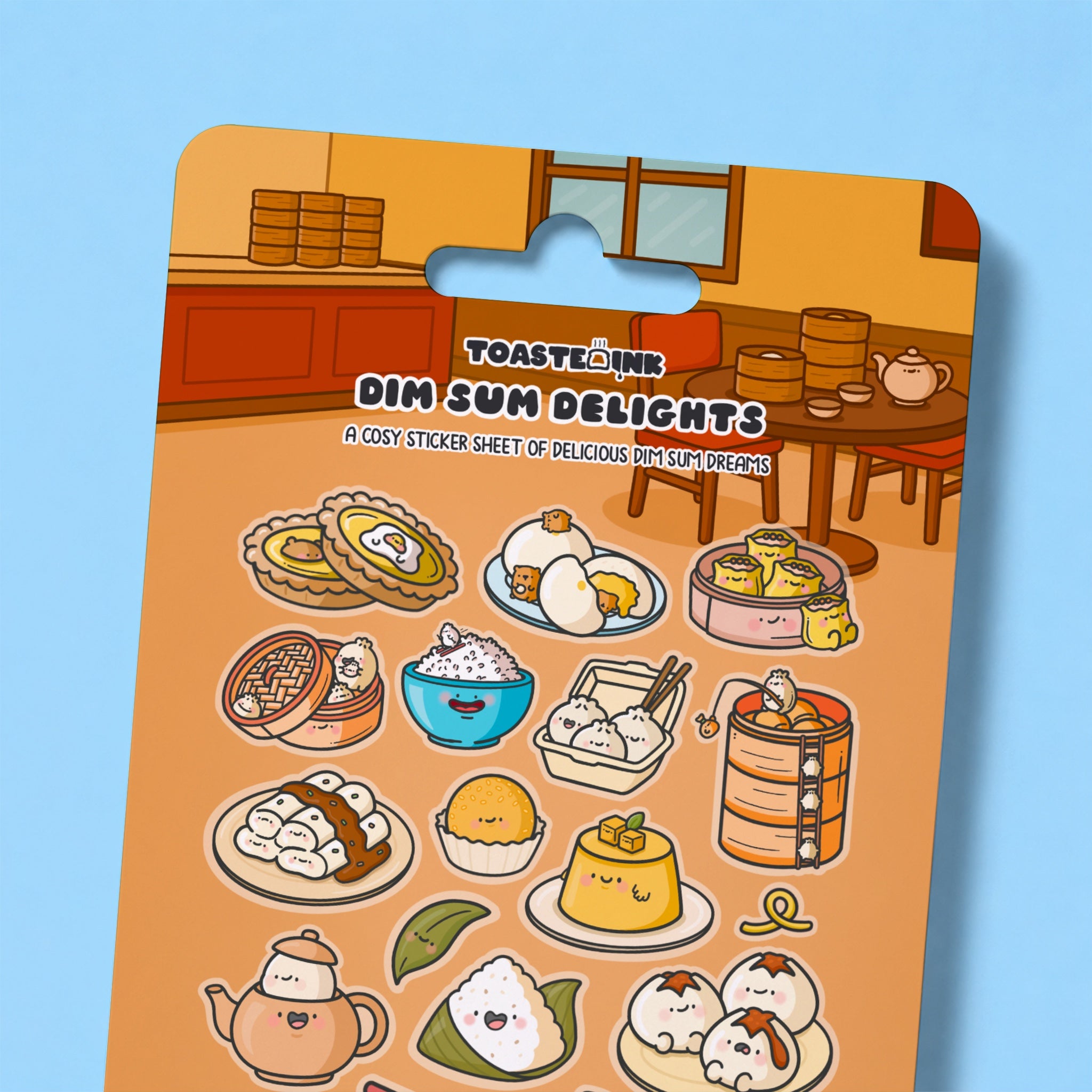 Close up dim sum sticker sheet on blue desk