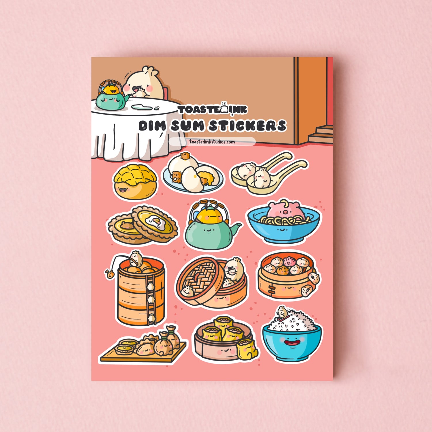 Dim sum sticker sheet on pink table
