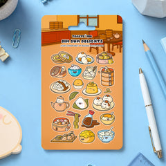 Dim sum stickers on blue table with stationery scattered