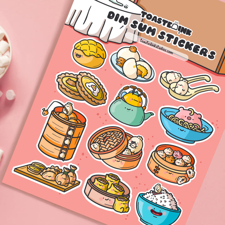 Dim sum sticker sheet close up on pink table