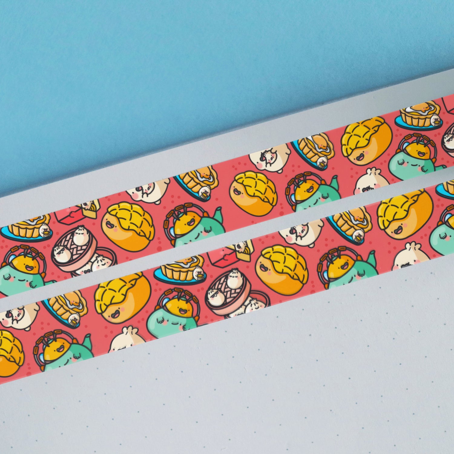 Dim sum washi tape on notebook and blue desk