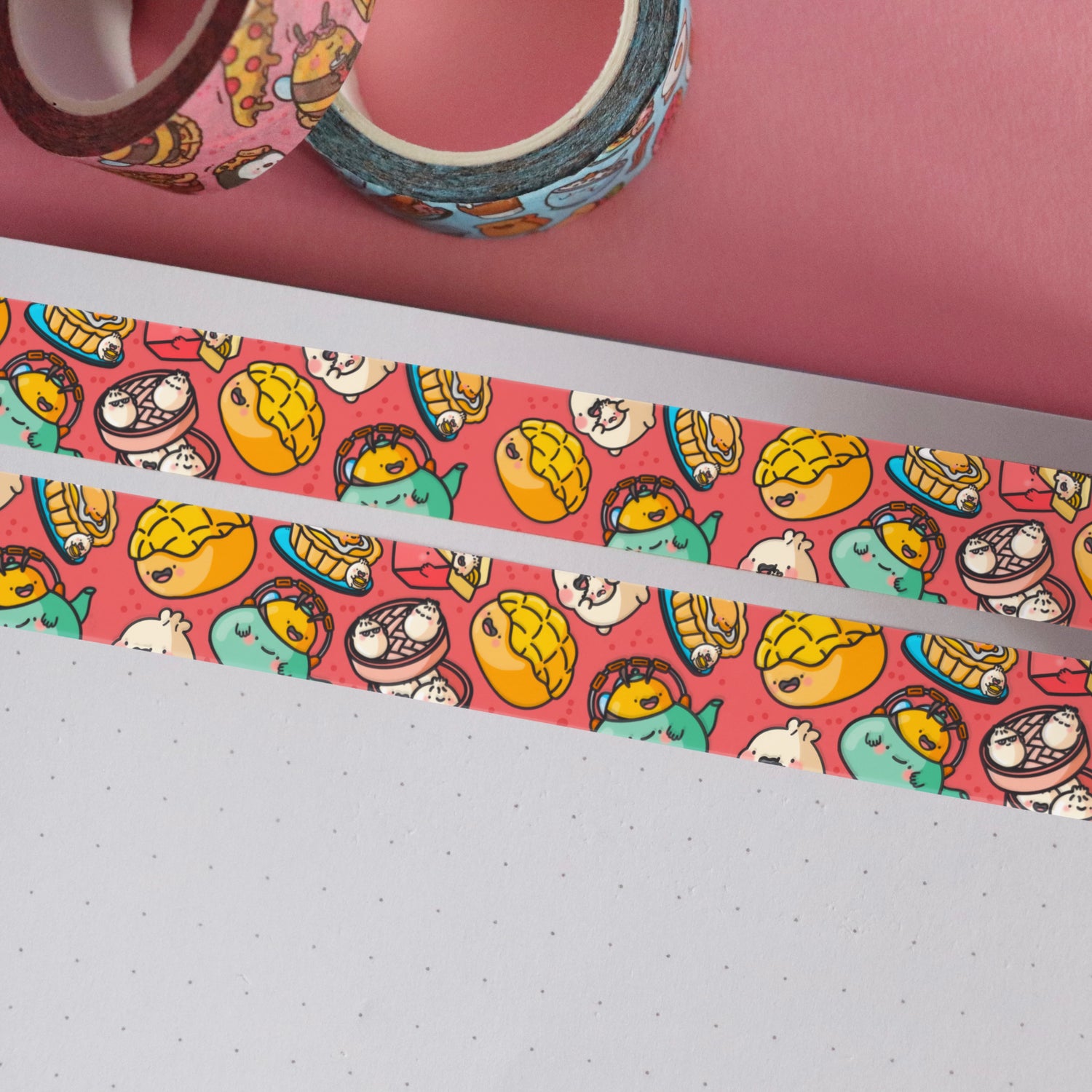 Dim sum washi tape on notebook and pink table