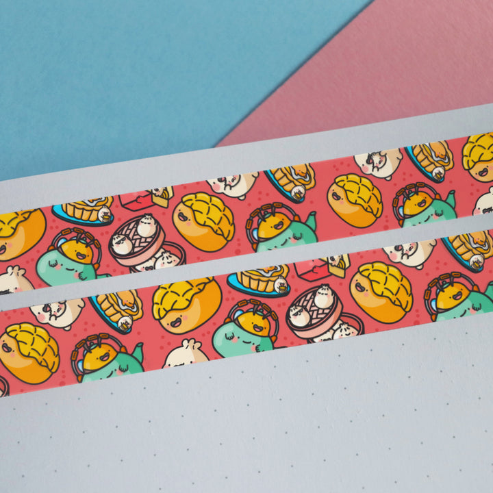 Dim sum washi tape on pink and blue table