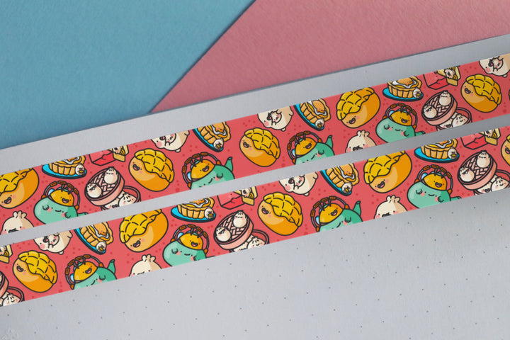 Dim sum washi tape on notebook and pink and blue desk