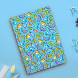 Dinosaur notebook on blue table