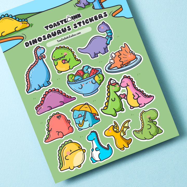 Dinosaur sticker sheet close up on table