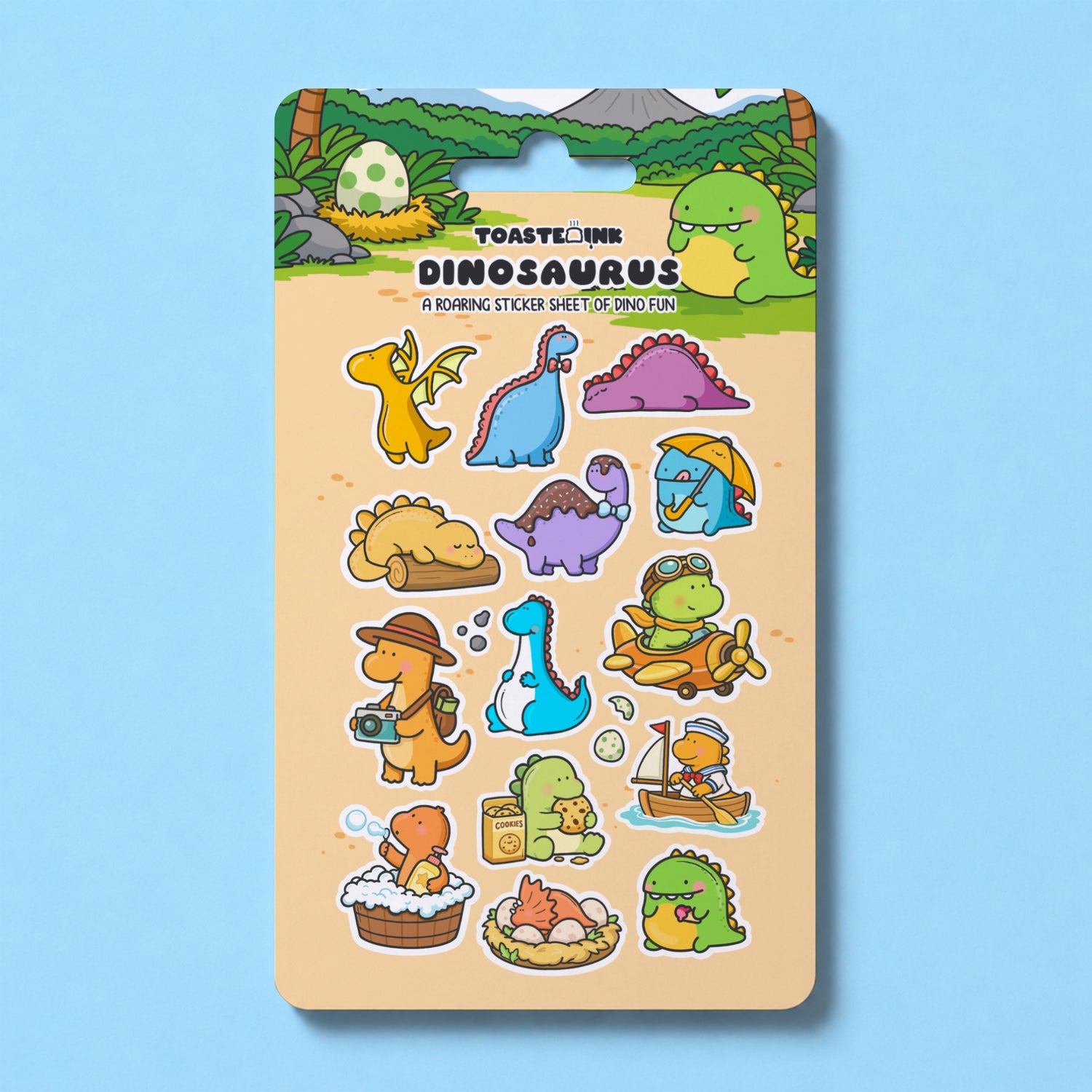 Dinosaur sticker sheet on blue table
