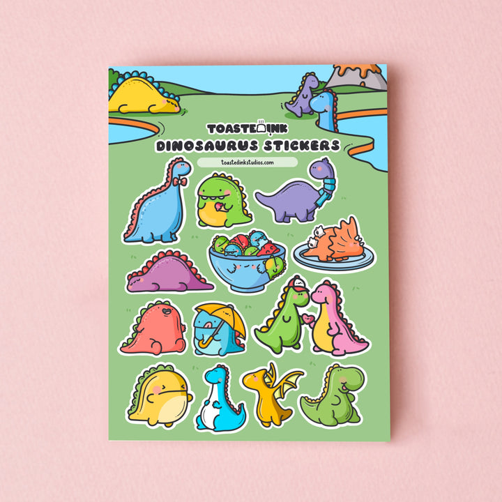 Dinosaur sticker sheet on pink table